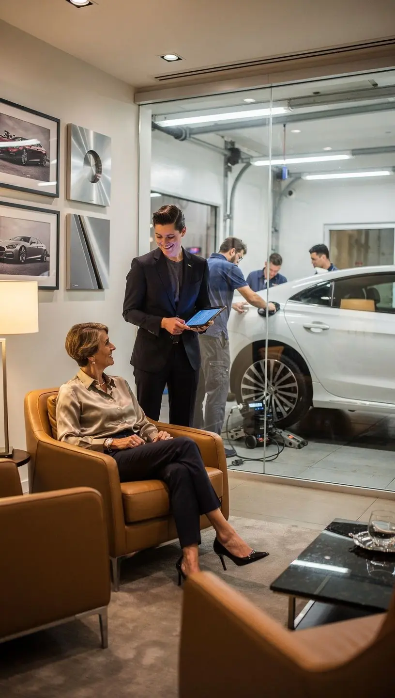 Shiny luxury sedan parked in a spotless garage bay ready for detailing service