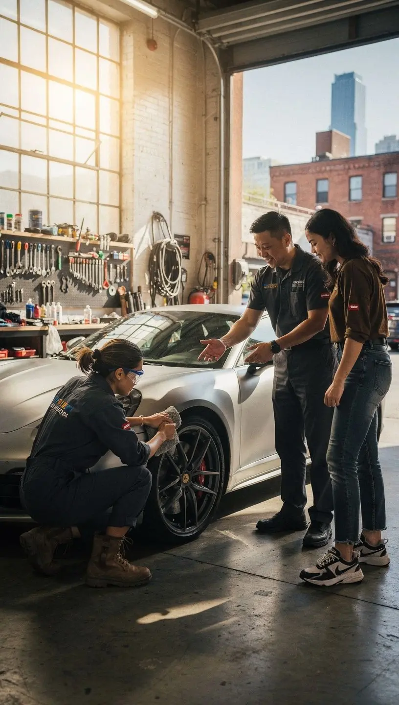Team of expert technicians collaborating on diagnostics in a state-of-the-art auto service center